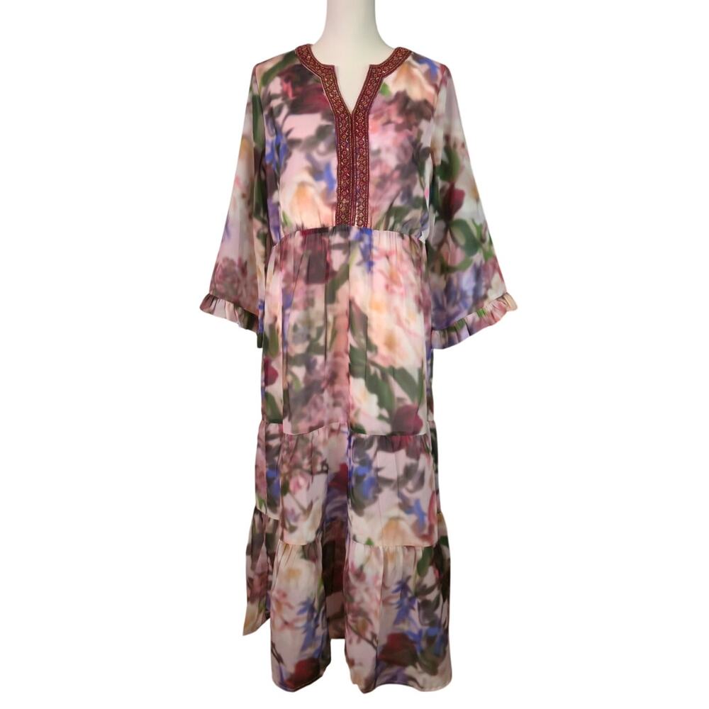 Bohemian Cottage Beaded Floral Baroque Tiered Maxi Dress Airy Soft Surroundings